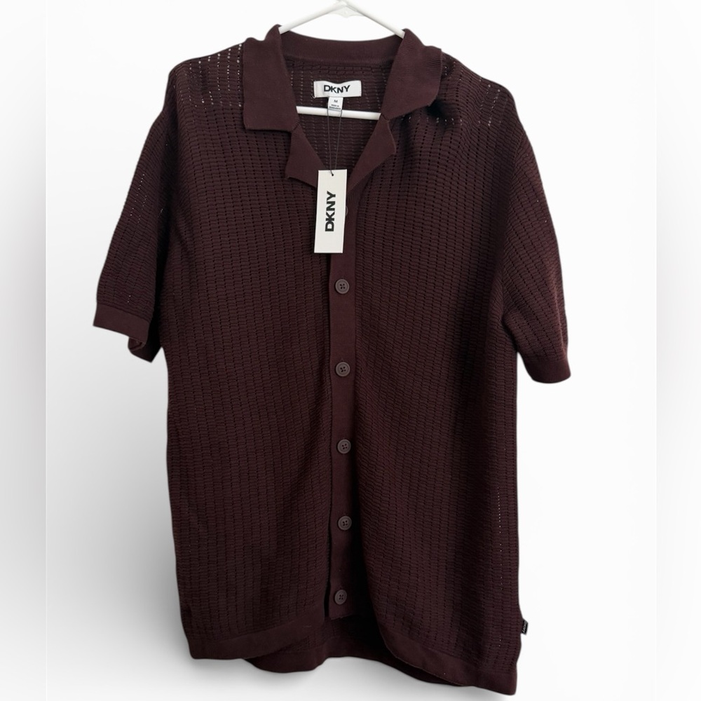 DKNY Men's Burgundy Crocheted Button Down Polo